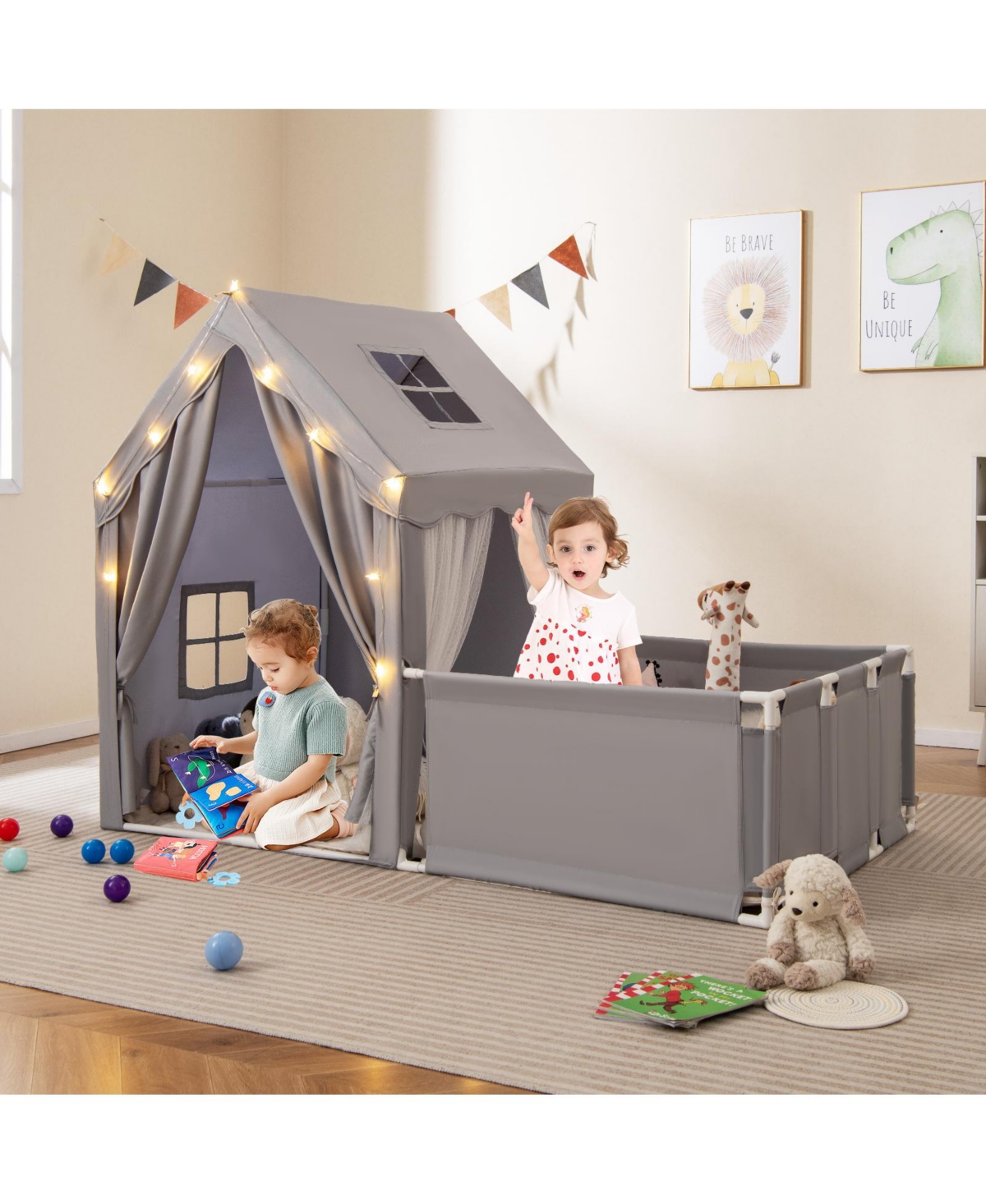 Gymax Kids Play Tent w/Playpen Yard Door Curtains Windows Star Lights for Boys Girls