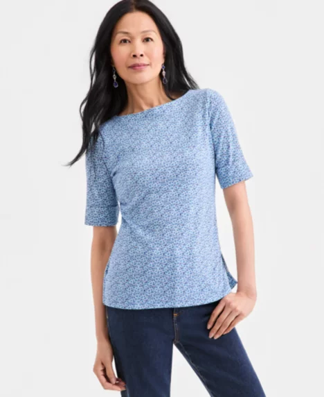 Petite Boat Neck Short-Sleeve Top - Blue Floral
