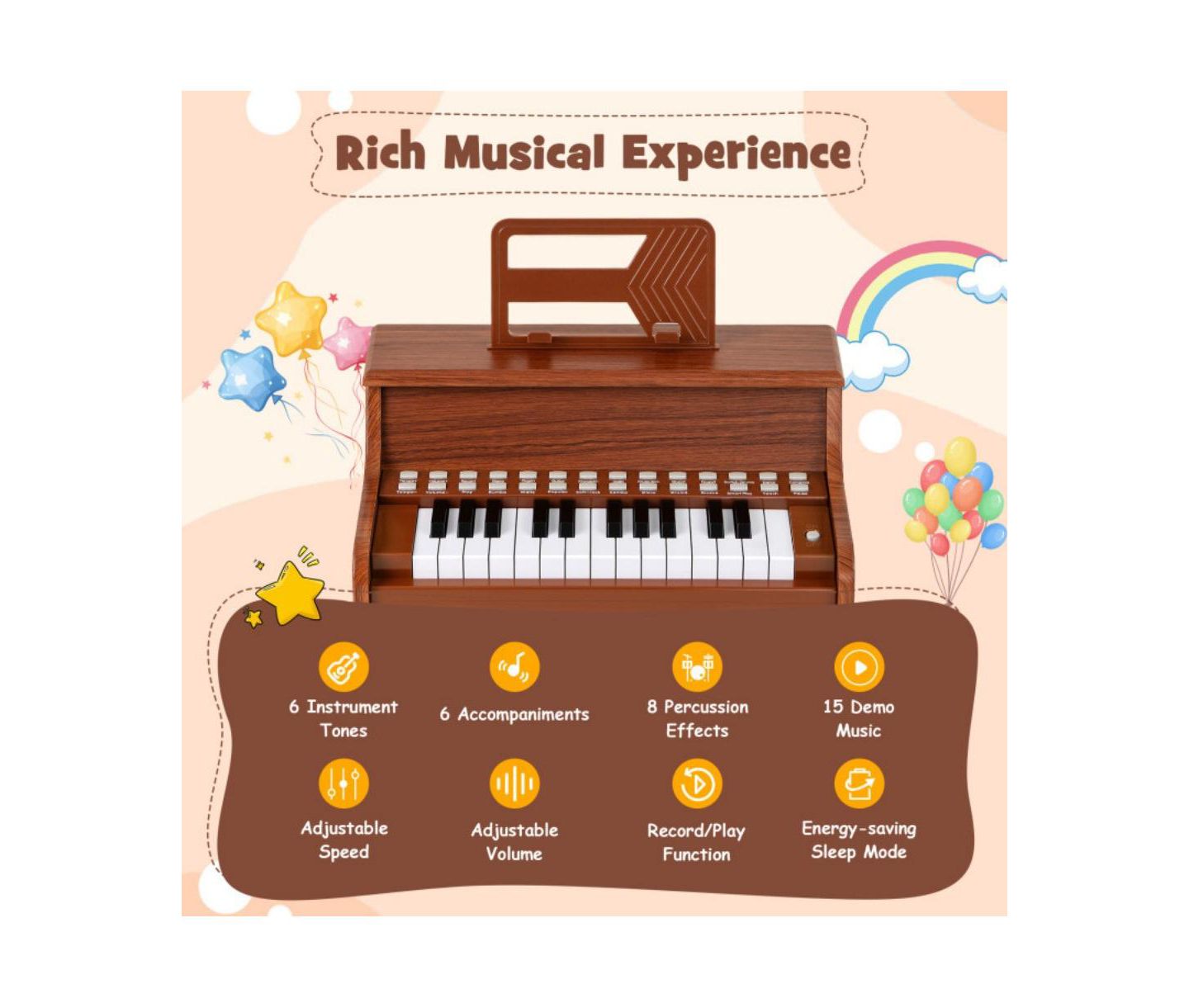Детская игрушка HONGGE Kids' Digital Piano Keyboard with Light-Up Keys and Demo Songs, Ages 3+, цвет: Коричневый — фото 5