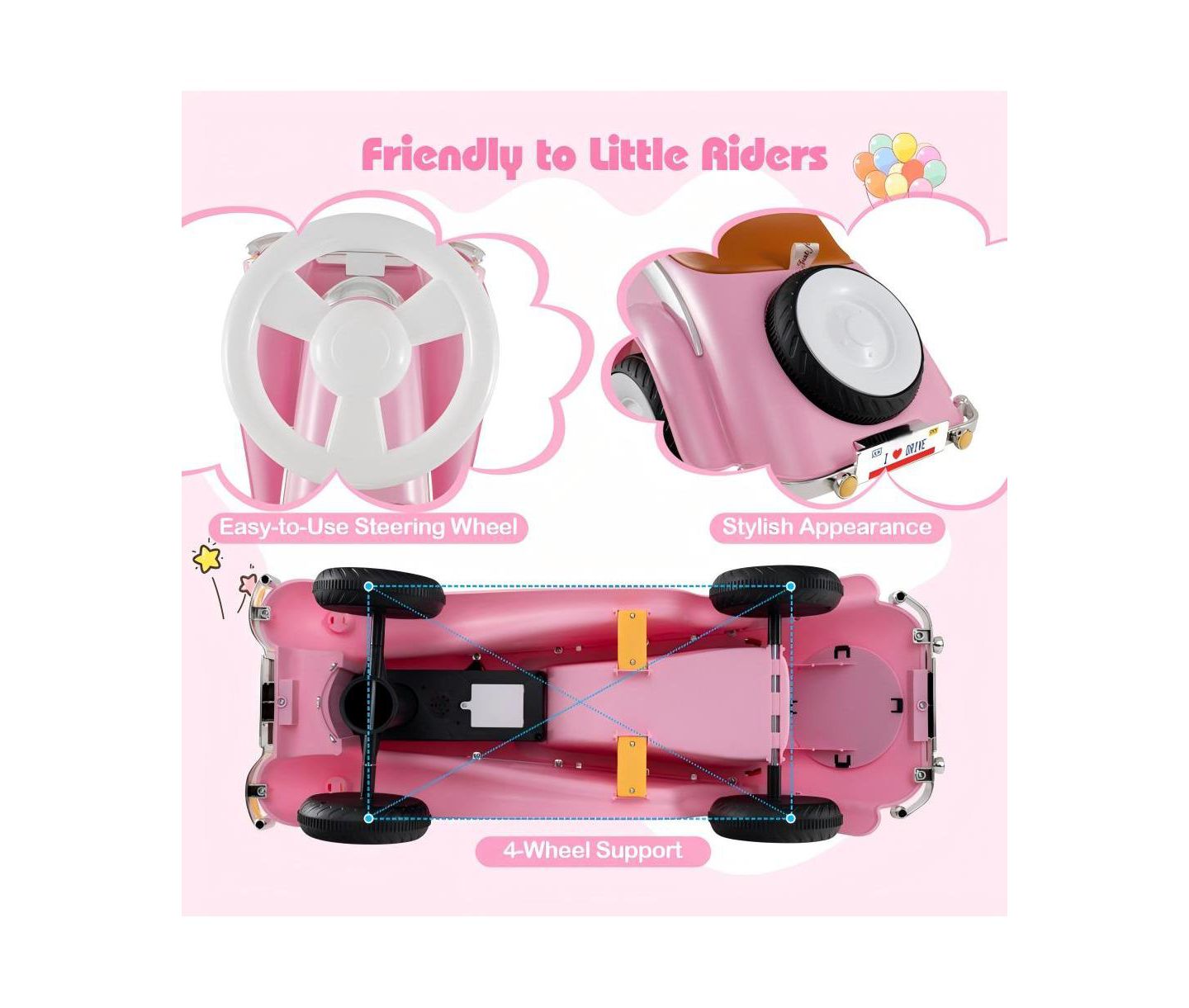 Детская игрушка HONGGE Toddler Ride-On Car with Steering Wheel, Lights and Storage, Ages 1.5-3, цвет: Розовый — фото 3