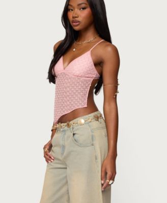 Women's Beaded Mesh Asymmetric Backless Top