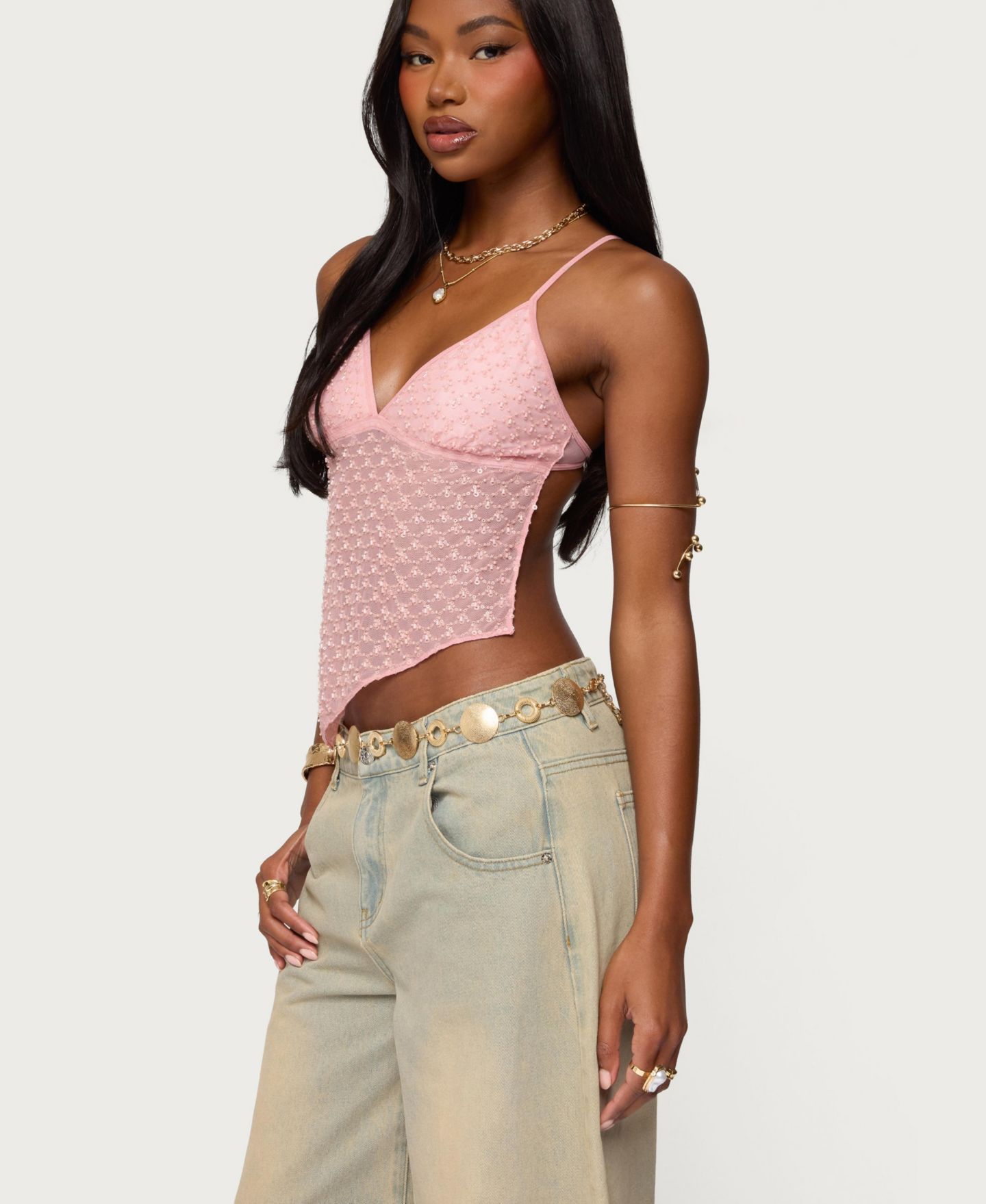Женский топ Edikted Beaded Mesh Asymmetric Backless, цвет: Светлый розовый — фото 4