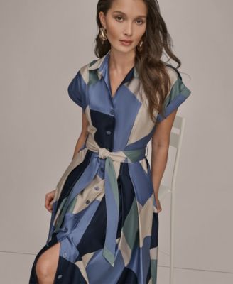 Women's Cap-Sleeve Spread Collar Geometric Colorblock Midi Shirt Dress