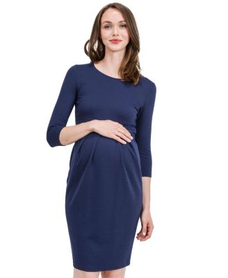 Maternity 3/4 Sleeve Round Neck Front Pleat Dress