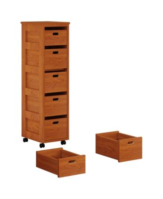 Slim Vertical Tower Unit with Wheels, Tall Narrow Wood Organizer Tower, Walnut Brown