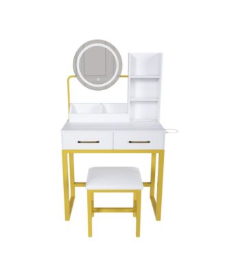 Makeup Vanity with LED Lights, Power Outlet, Drawers & Chair (White