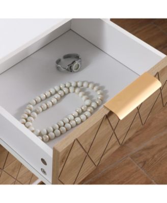 White & Natural Mid-Century Nightstand with Gold Accents