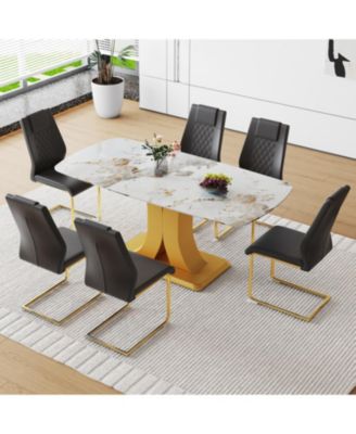 Pandora Glass Dining Set Table & 6 Black PU Chairs