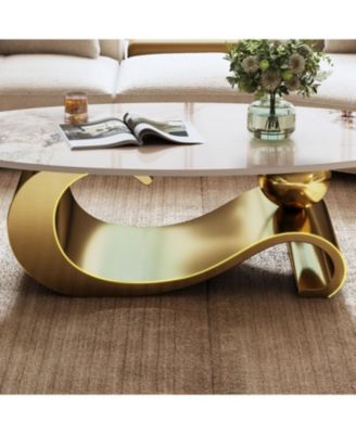 49" Faux Marble Oval Coffee Table, Gold Base
