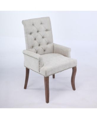 Beige Chenille Dining Chair, Tufted, Wood Legs