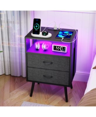 Charging Nightstand with LED & Fabric Drawers