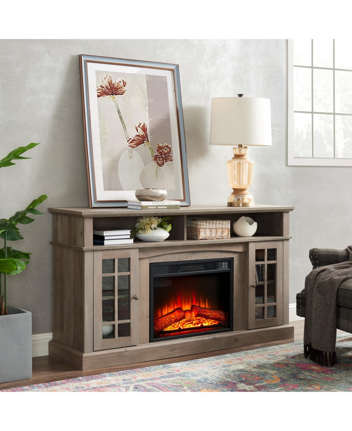 Streamdale Furniture Gray Wash Tv Stand with Fireplace for TVs up to 65"