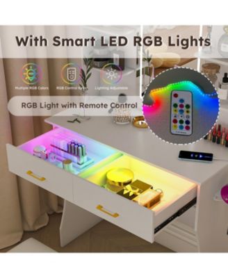 Vanity Desk with LED Lights Mirror, Power Outlet, Drawers & Chair - White