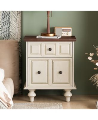 Vintage Nightstand 2 Drawers, Solid Wood, Antique White (Set of 2)