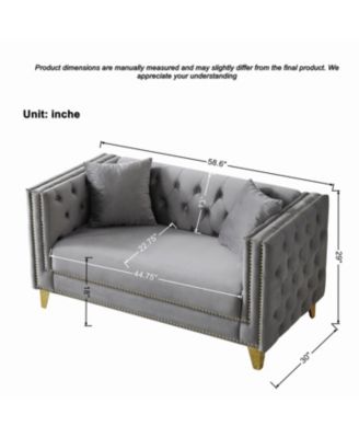 58" Chesterfield Velvet Sofa, 2 Seater, Button Nailhead, Square Arm - Grey