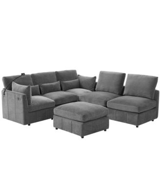  Modern Sectional Sofa U-Shaped Couch w/ Ottoman, USB & Phone Holder - Grey