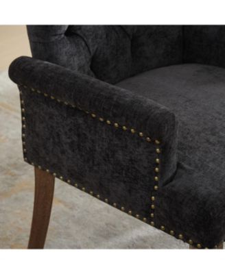 Chenille Upholstered Dining Chair, Wood Legs, Tufted, Black