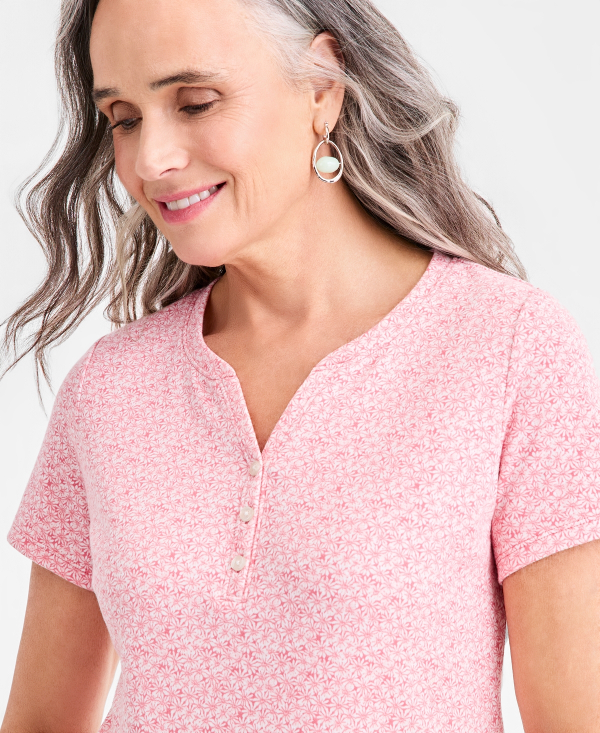 Style & Co Women's Printed Short-Sleeve Henley Top, Macy's Exclusive