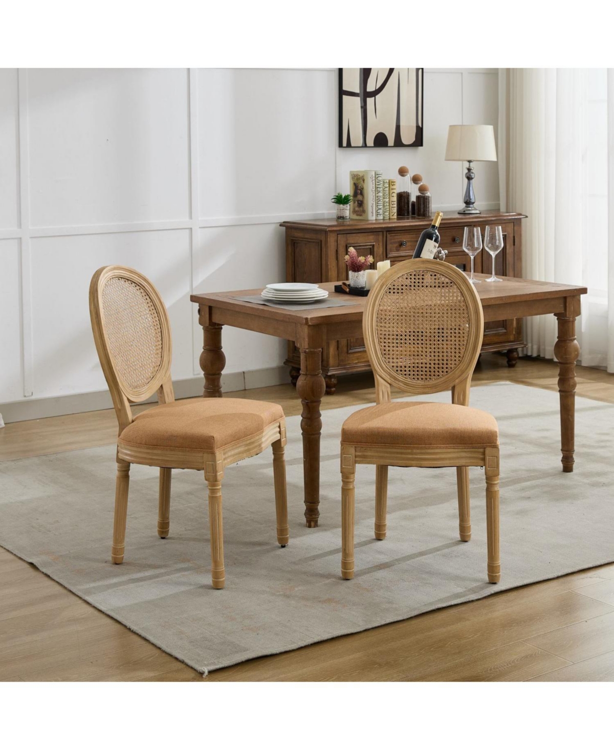 Streamdale Furniture French Style Linen Rattan Dining Chairs, Set of 2, Tan