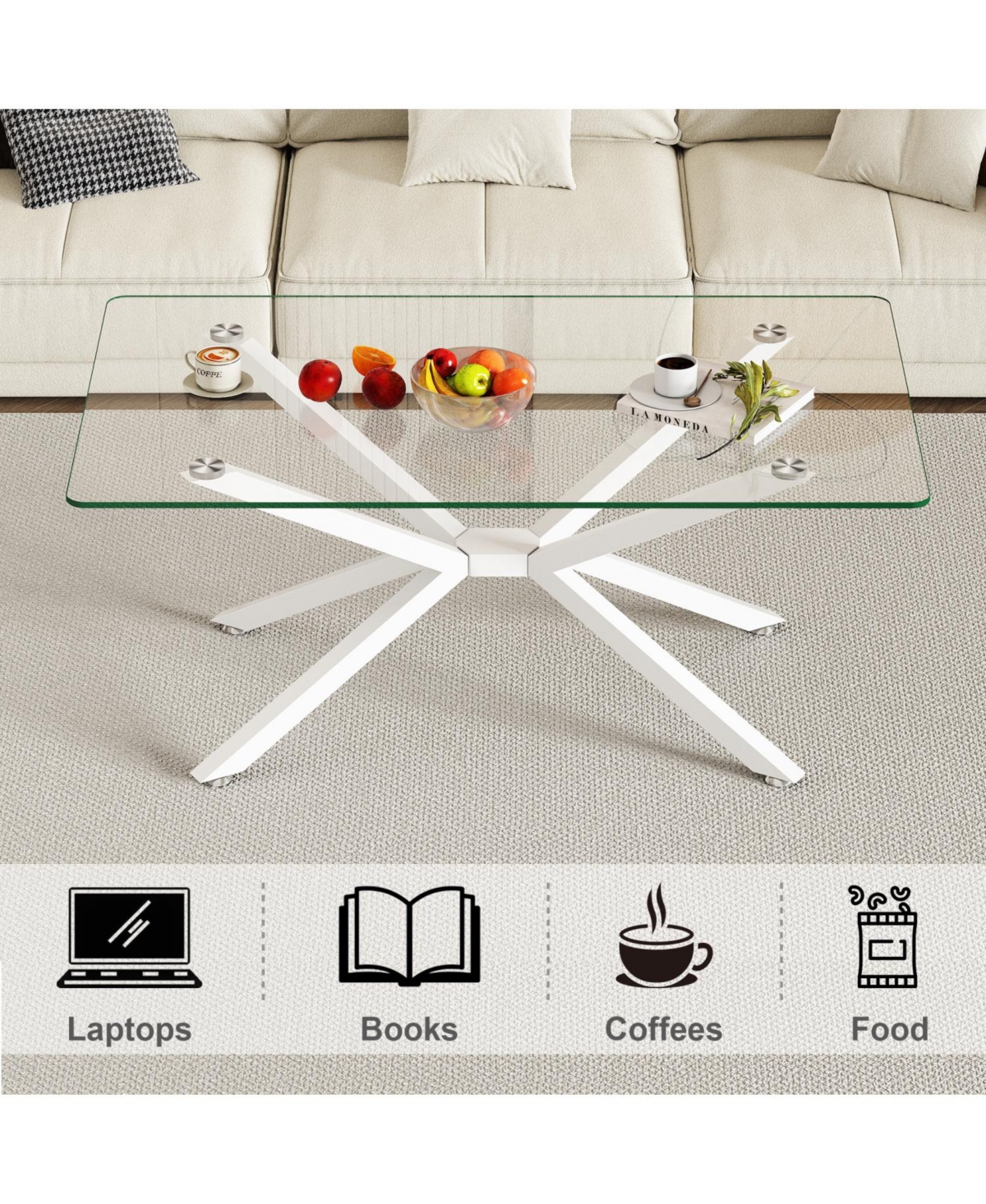 Streamdale Furniture Rectangle Clear Glass Coffee Table with Metal Legs