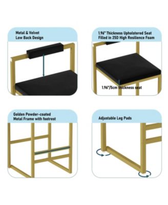 Velvet Counter Stools Set of 2, Low Back, Gold & Black