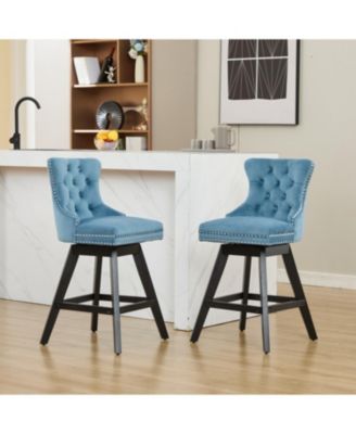 Light Blue Velvet Swivel Bar Stools, Button Tufted, Wood Legs, Set of 2