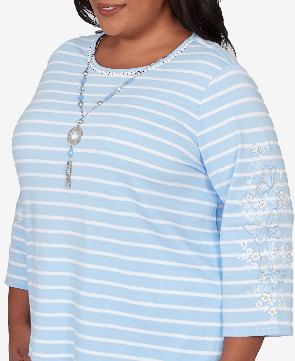 Alfred Dunner Plus Classic Stripe Cornflower Embroidered Sleeve Top with Necklace