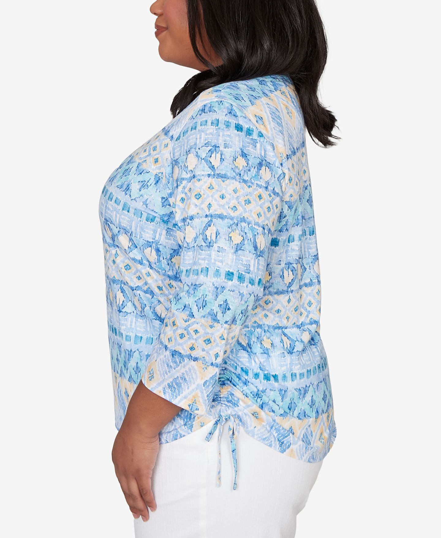Женский топ Alfred Dunner Plus Size Classic Ikat Biadere Tie Ruched, цвет: Cornflower — фото 3