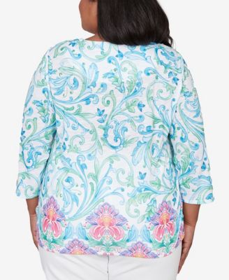 Plus Size Classic Scroll Border Embellished Neck Top