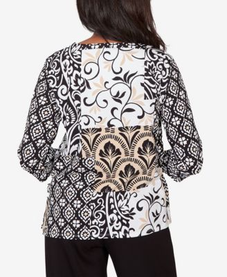 Plus Size Classic Geometric Scroll Patchwork Split Neck Top