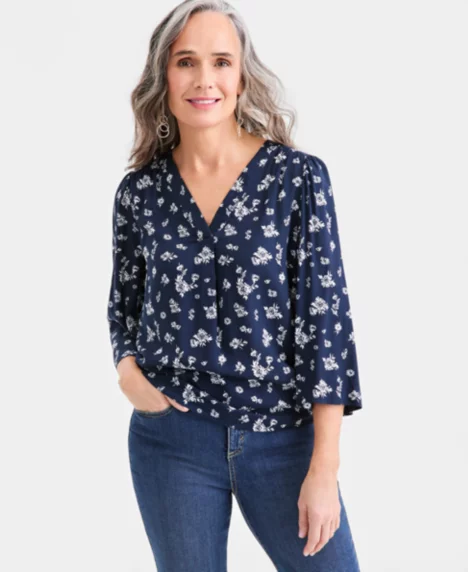 Petite V-Neck Bell Sleeve Blouse - Ditsy Blue Combo