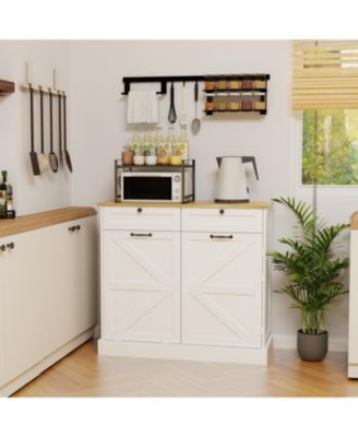 Kitchen Storage Cabinet with Trash Cabinet, Drawers, Shelves, and Door