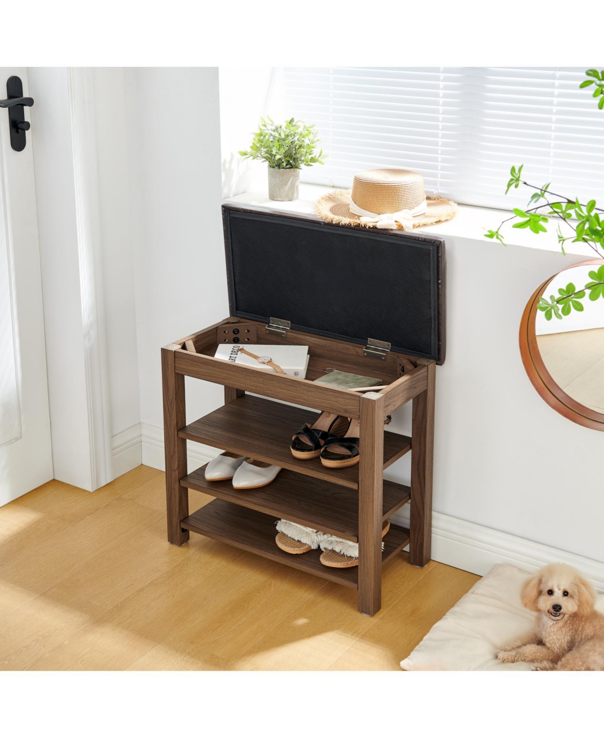 Streamdale Furniture + Adjustable + Wood + Shoe Bench with Storage + Bench