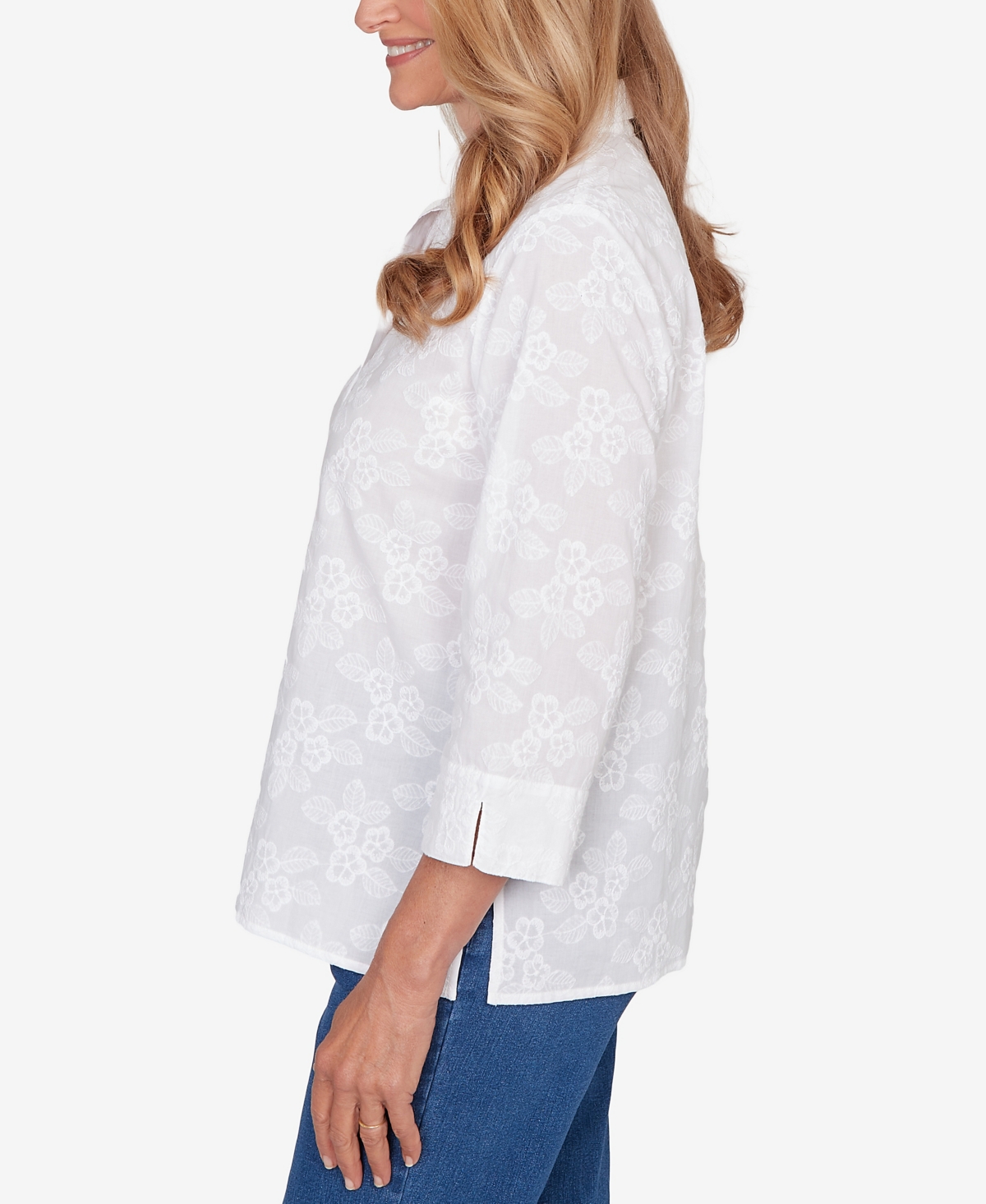 Alfred Dunner Women's Classic Collared Flower Embroidered Button Down Top