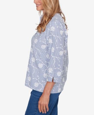 Women's Classic Puff Print Pinstripe Embroidered Button Down Top