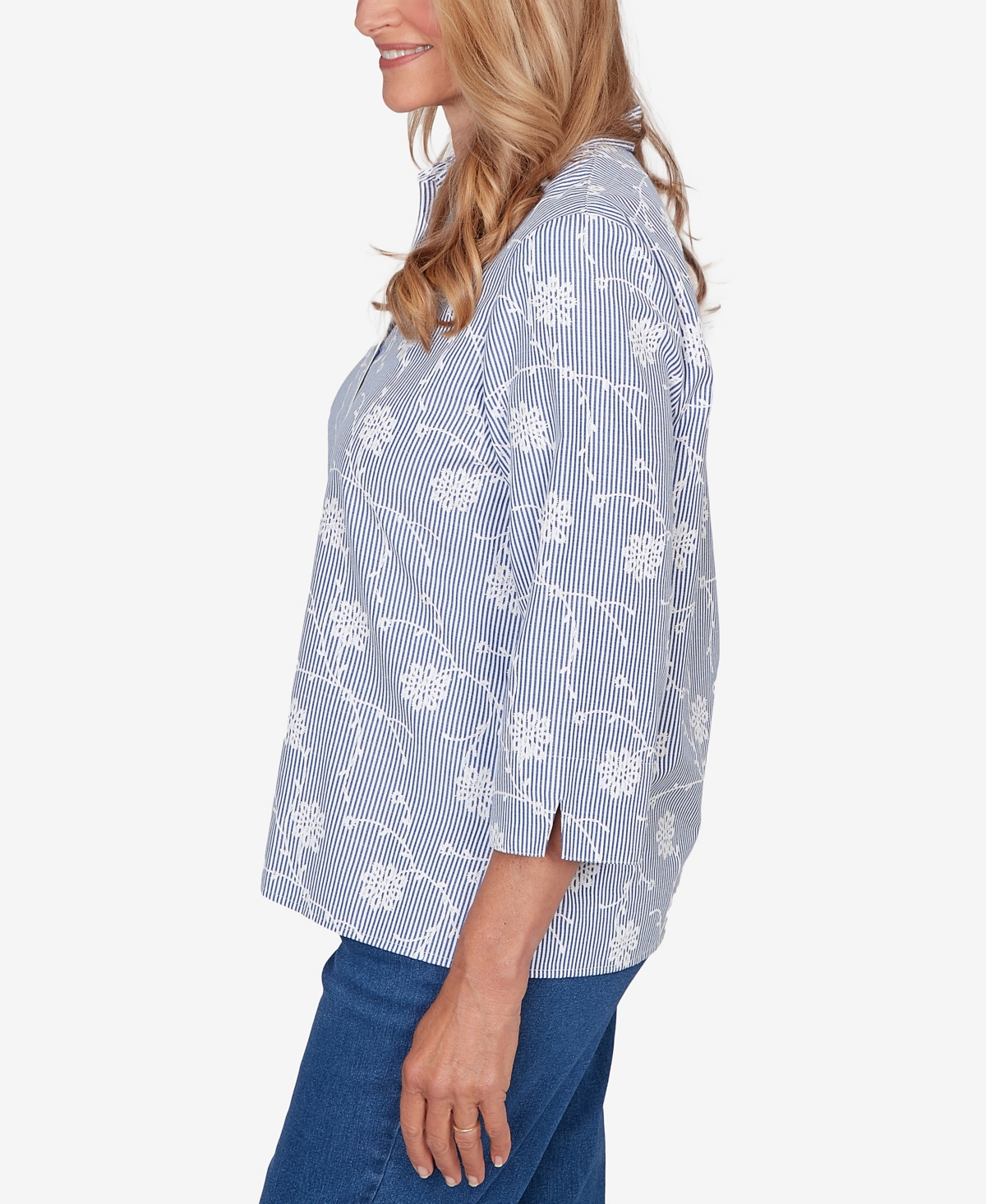Alfred Dunner Women's Classic Puff Print Pinstripe Embroidered Button Down Top