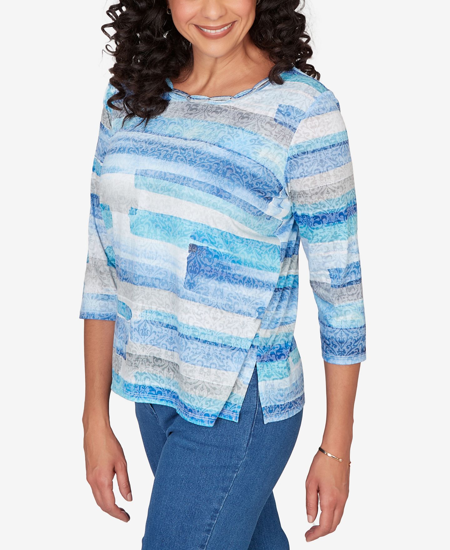Женский топ Alfred Dunner Classic Brushstroke Biadere Embellished Neck, цвет: Синий — фото 2
