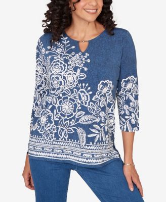 Women's Classic Floral Border Embroidered Split Neck Top