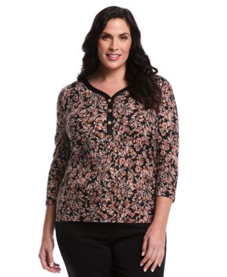 Plus Size Plus Size Floral Print 3/4 Puff Sleeve V-Neck Top