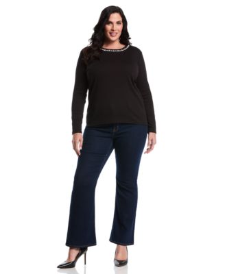 Plus Size Plus Size Embellished Neck Long Sleeve Top