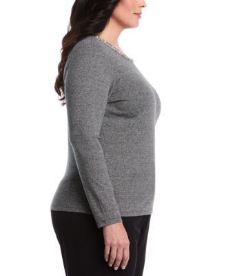 Plus Size Plus Size Embellished Neck Long Sleeve Top