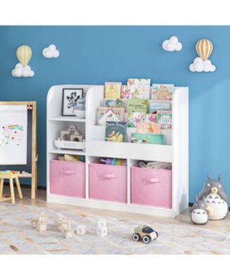 White/Pink Kids Bookcase with 3 Collapsible Fabric Drawers for Bedroom