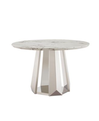 Streamdale 47" Round Marble Dining Table, High Gloss Faux Marble Top, Stainless Steel Base (White