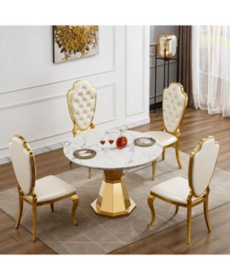 47" Round Marble Dining Table, Gold Base