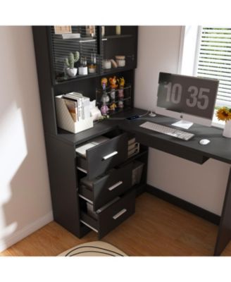 Streamdale L-Shaped Corner Desk with LED, USB, Keyboard Tray - Black