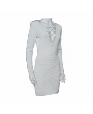 Women's White Textured Knit Lace Up Tie Detail Mini Dress