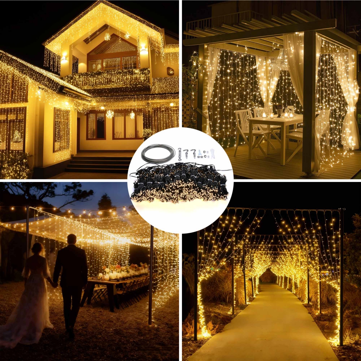 DELight 40x10 Ft Commercial Twinkle Curtain String Light 1920 Led 120V Steel Cable for Event Wedding Party Holiday Decor