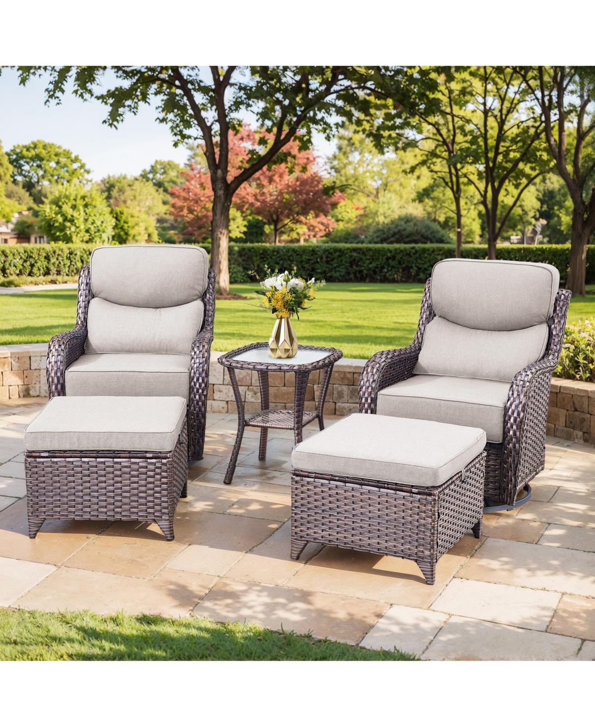 Gymojoy Crescent Swivel Glider All-Weather Pe Wicker Patio Conversation Set with Olefin 6 In. Thick Cushions/Ottoman (5-Piece