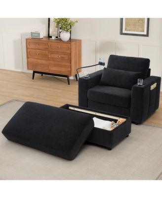 Modern Armchair Chaise Lounge Sofa with Ottoman, USB Ports & Cup Holders - Black