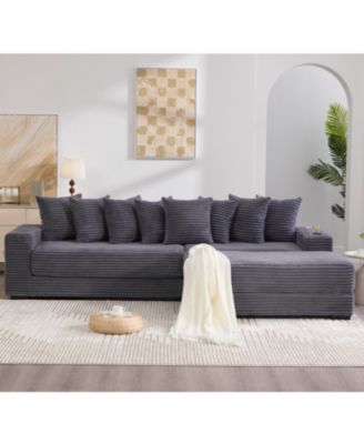Corduroy L-Shaped Sectional Sofa with Ottoman, Pillows & Cup Holders